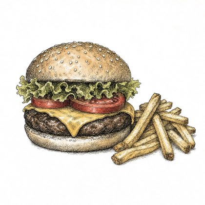 Tuschezeichnung: Burger mit Pommes