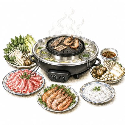 Tuschezeichnung: Hot Pot mit Grillplatte in der Mitte, dazu Fleisch, Garnelen, Gemüse und Glasnudeln