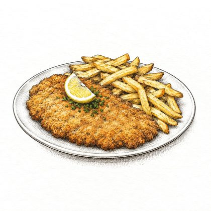 Tuschezeichnung: Schnitzel mit Pommes