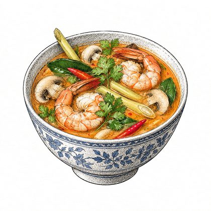 Tuschezeichnung: Thai-Suppe mit Garnelen