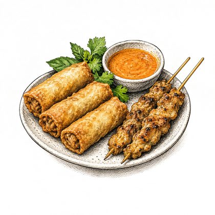 Tuschezeichnung: Frühlingsrollen und Spieße